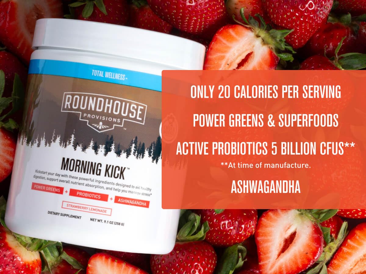 Morning Kick, Zero Sugar Greens Superfood Powder Supplement with Ashwaganda, Collagen, Probiotics, Debloat Drink