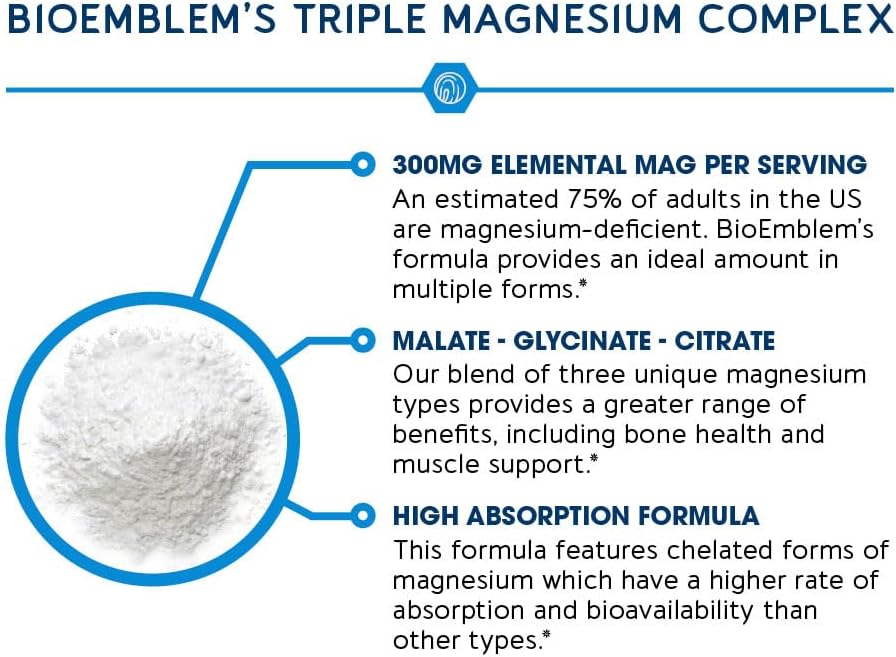 BioEmblem Triple Magnesium Complex Pack of 2 | 300mg of Magnesium Glycinate, Malate, & Citrate for Muscles, Nerves, & Energy | High Absorption | Vegan, Non-GMO | 90 Capsules