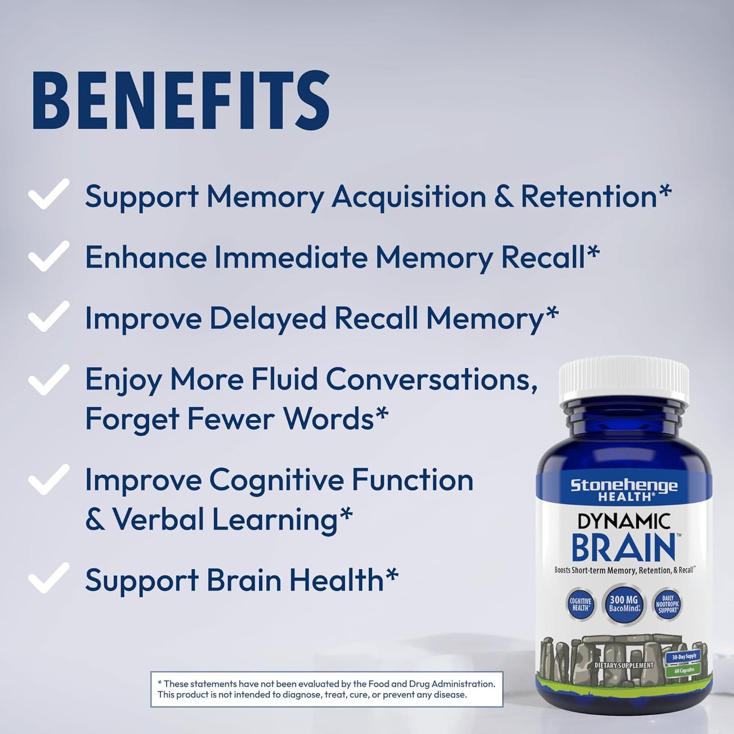 Stonehenge Health Dynamic Brain Supplement Pack of 2 – New Formula with BacoMind for Memory Acquisition, Retention, & Recall with 40 Unique Nootropic: Choline, Phosphatidylserine, and Huperzine A (Copy)