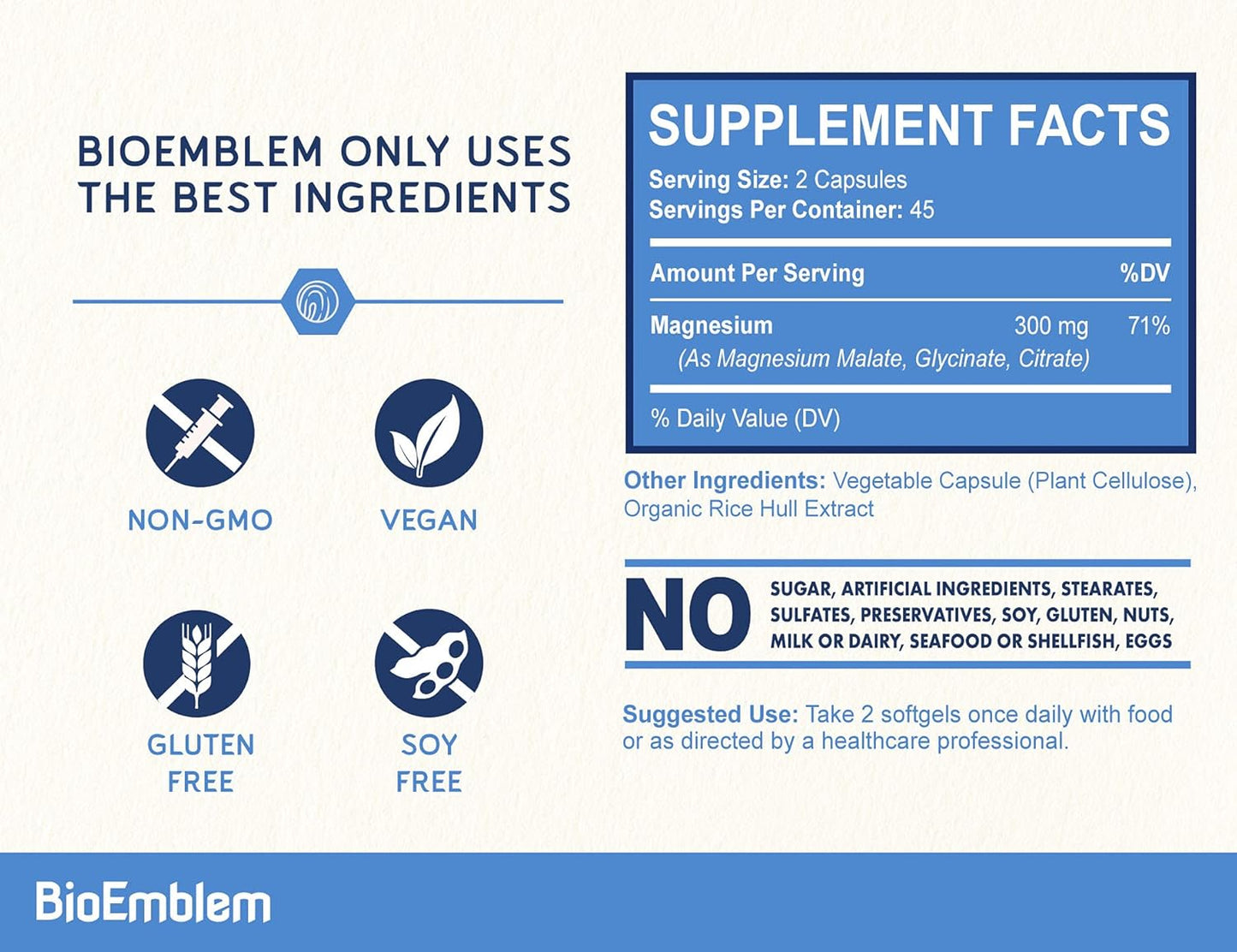 BioEmblem Triple Magnesium Complex Pack of 2 | 300mg of Magnesium Glycinate, Malate, & Citrate for Muscles, Nerves, & Energy | High Absorption | Vegan, Non-GMO | 90 Capsules
