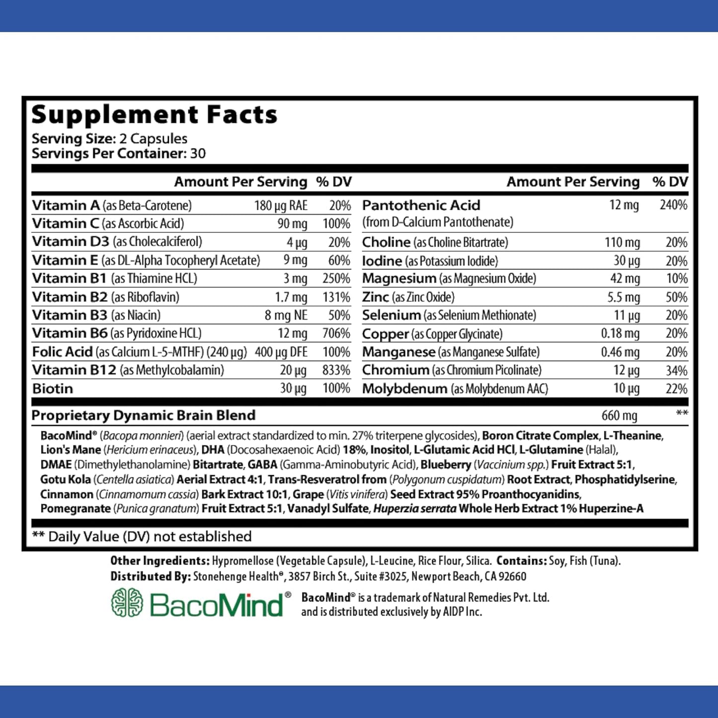 Stonehenge Health Dynamic Brain Supplement Pack of 2 – New Formula with BacoMind for Memory Acquisition, Retention, & Recall with 40 Unique Nootropic: Choline, Phosphatidylserine, and Huperzine A (Copy)