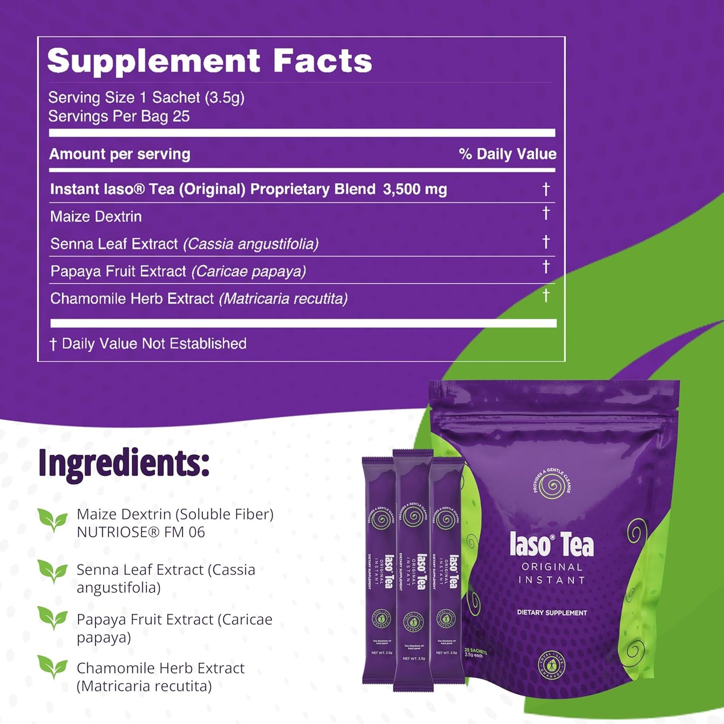 Total Life Changes - Iaso Instant Tea - Gentle Cleanse & Craving Control - Gut Health & Bloat Support - Senna & Chamomile Blend - 2 Bags