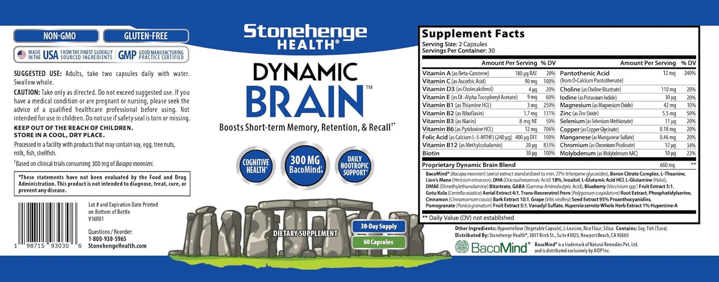 Stonehenge Health Dynamic Brain Supplement Pack of 2 – New Formula with BacoMind for Memory Acquisition, Retention, & Recall with 40 Unique Nootropic: Choline, Phosphatidylserine, and Huperzine A (Copy)